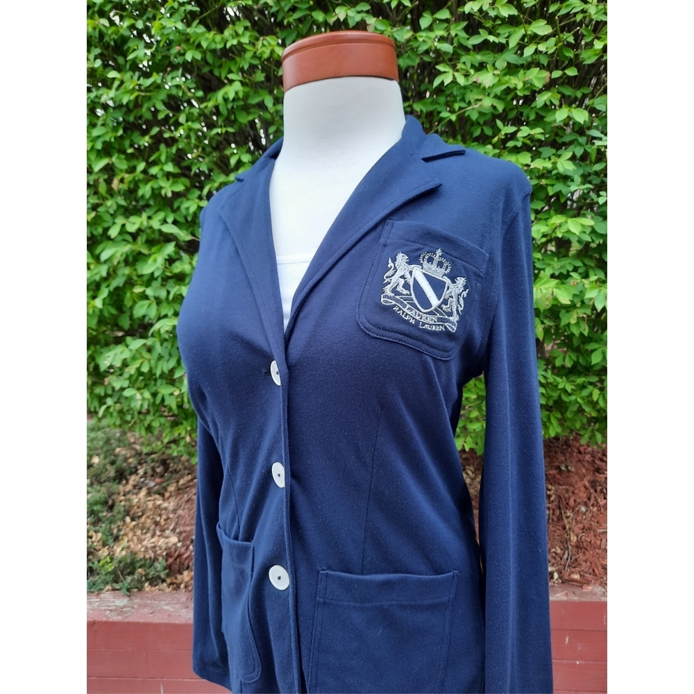 Lauren Ralph Lauren Y2K Knit Stretch Nautical Blazer Jacket Small Navy B…